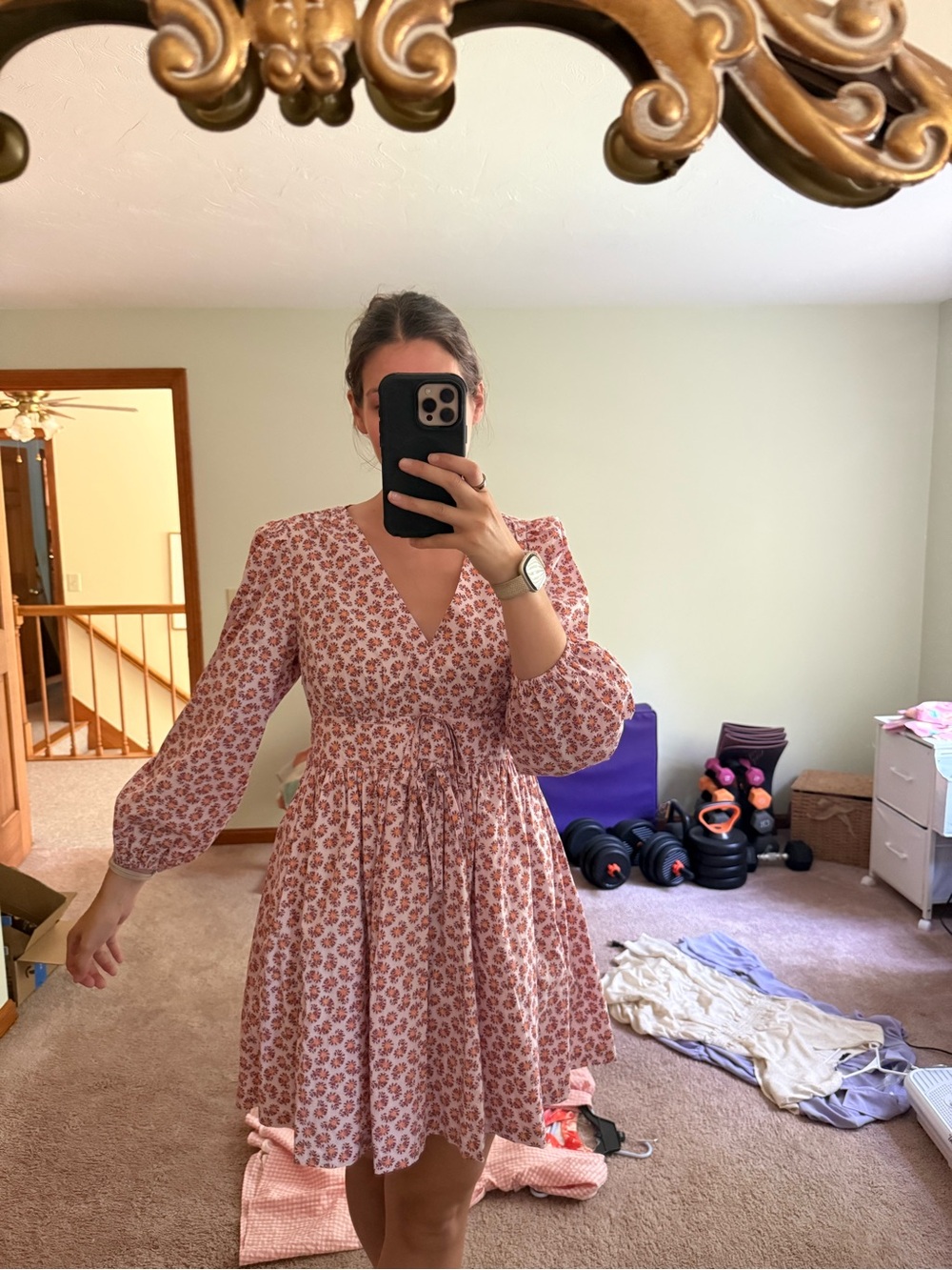 J. Crew Pink Floral Tie-Waist V-Neck Mini Dress